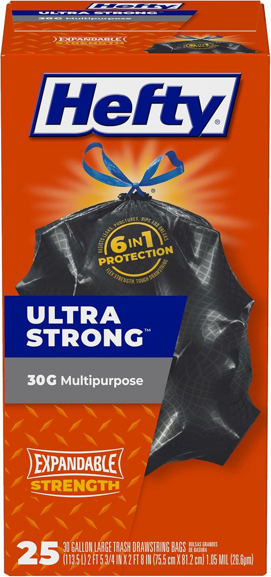 Hefty Ultra Strong 30 Gal Large Trash Bags, Black, Unscented, 25ct