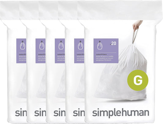 simplehuman Code G 100 Count Custom Fit Liners, Drawstring Kitchen Trash Bags, One-by-One Mess-Free Dispense, Extra Thick & Double Seamed, 50% PCR Plastic, 30 Liter / 8 Gallon, White