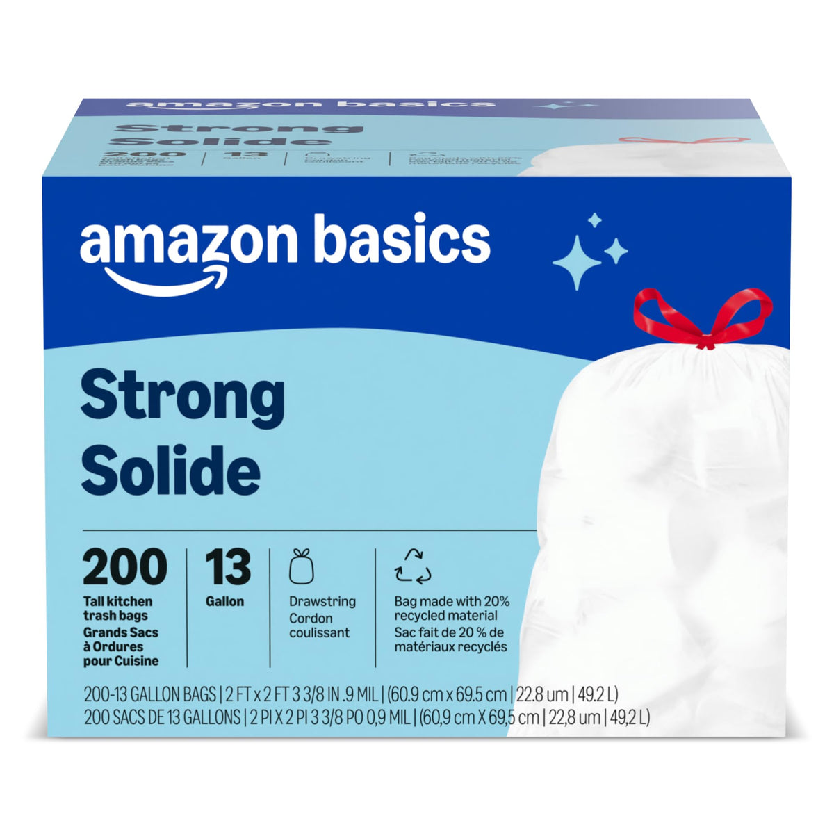 Amazon Basics Flextra Strength Tall Kitchen Drawstring Trash Bags, Fresh Scent, Tear Resistant, 13 Gallon, 50 Count