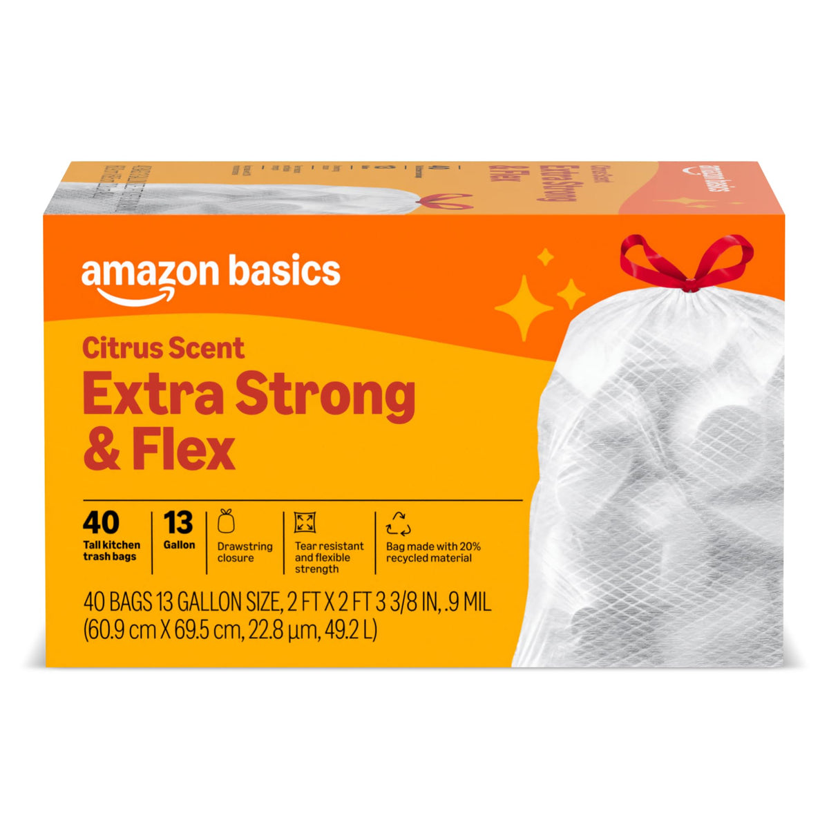 Amazon Basics Ultra-Force Tall Kitchen Drawstring Trash Bags, Classic Clean Scented, 13 Gallon, 80 Count, Pack of 1, Packaging May Vary