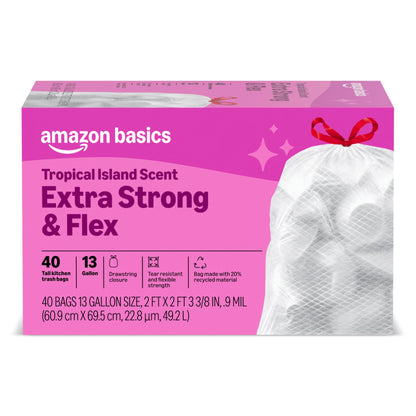 Amazon Basics Ultra-Force Tall Kitchen Drawstring Trash Bags, Lavender Scented, 13 Gallon, 80 Count, Pack of 1, Packaging May Vary
