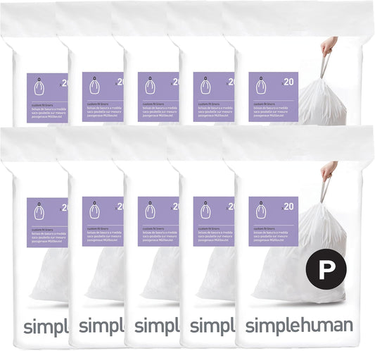simplehuman Code P 200 Count Custom Fit Liners, Drawstring Kitchen Trash Bags, One-by-One Mess-Free Dispense, Extra Thick & Double Seamed, 50% PCR Plastic, 50-60 Liter / 13-16 Gallon, White