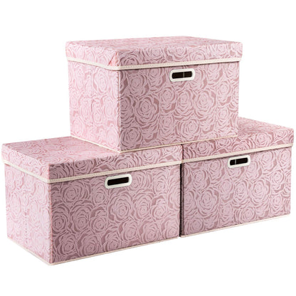 PRANDOM Larger Collapsible Storage Bin with Lid [1-Pack] Fabric Decorative Storage Box Cube Organizer Container Baskes with Handles Divider for Bedroom Closet Living Room Pink 17.7x11.8x11.8 Inch