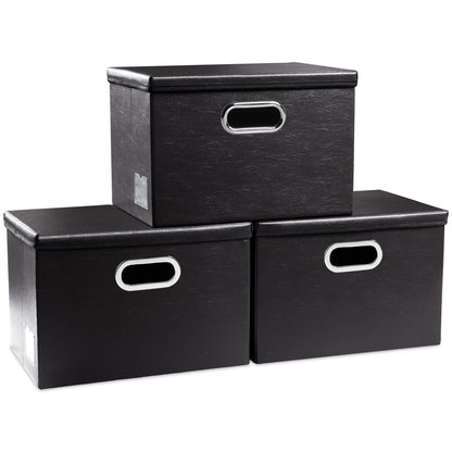 PRANDOM Large Collapsible Storage Bin with Lid [1-Pack] Leather Fabric Foldable Storage Box Organizer Containes Basket Cube with Cover for Home Bedroom Closet Office Nursery Black (17.7x11.8x11.8)