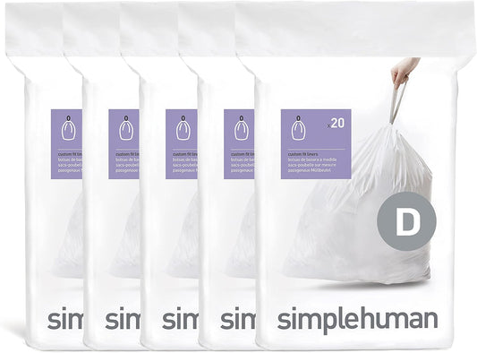 simplehuman Code D 100 Count Custom Fit Liners, Drawstring Kitchen Trash Bags, One-by-One Mess-Free Dispense, Extra Thick & Double Seamed, 50% PCR Plastic, 20 Liter / 5.3 Gallon, White
