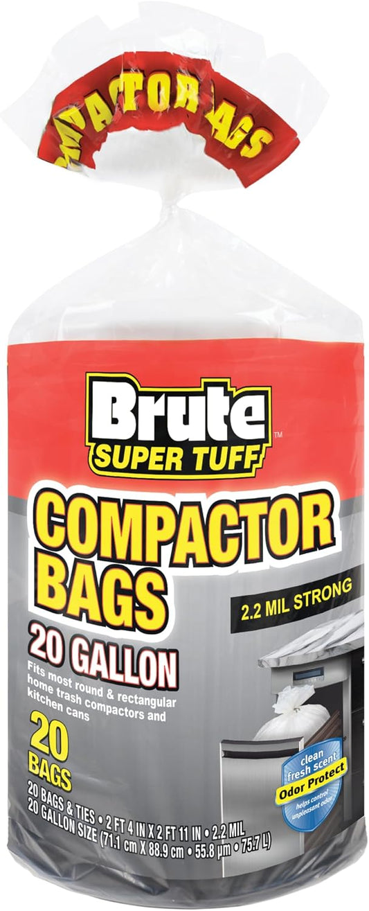 Brute Super Tuff 20 Gallon Kitchen Compactor Bags, 2.0 Mil, White, 20ct