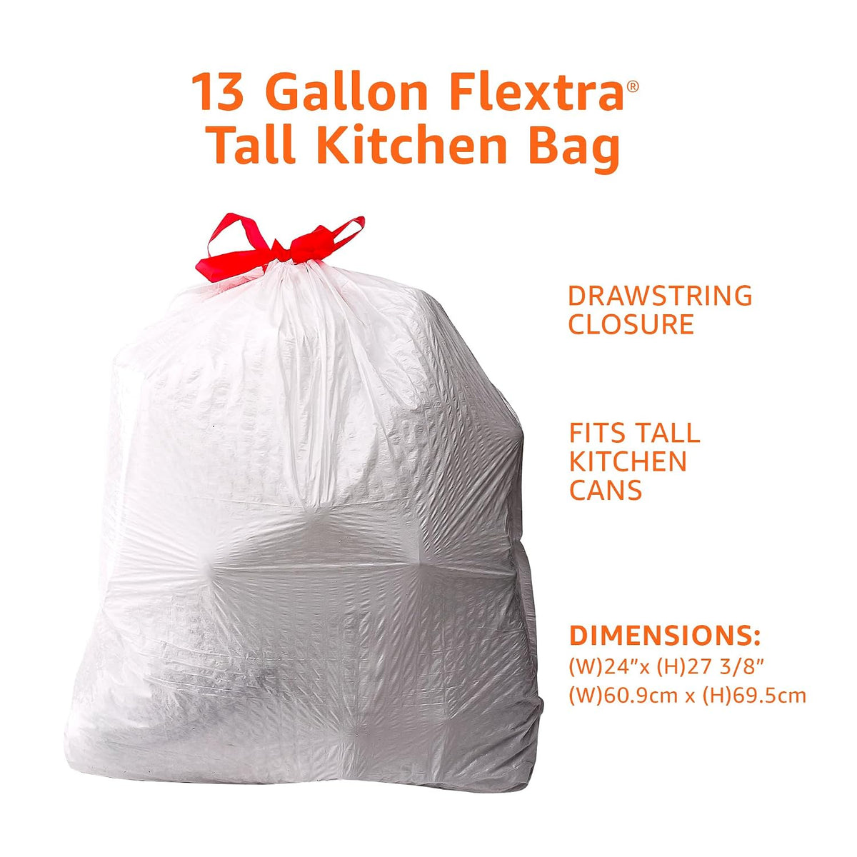 Amazon Basics Flextra Tall Kitchen Drawstring Trash Bags, 13 Gallon, 50 Count, Tear-Resistant, Unscented