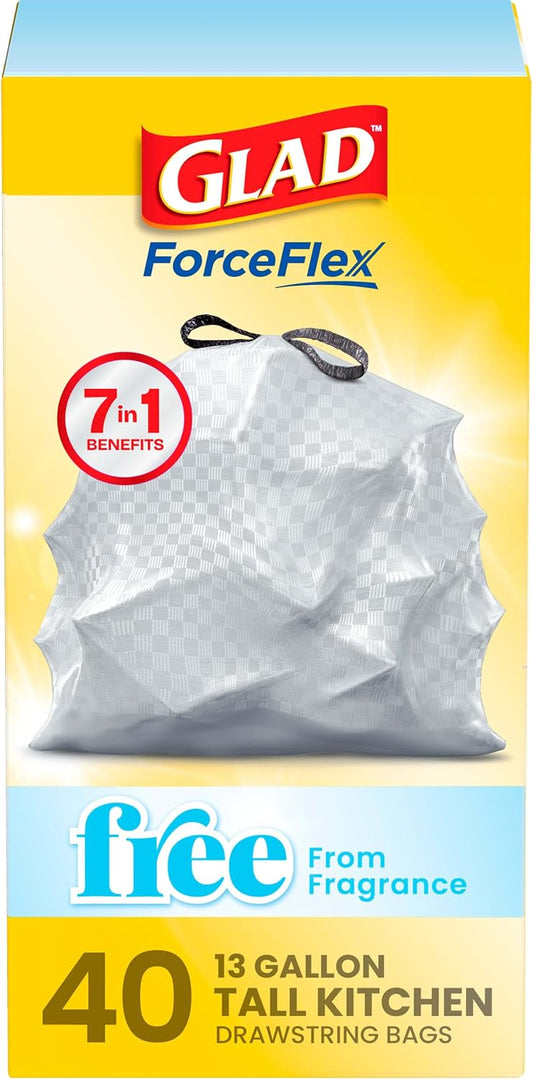 Glad ForceFlex Tall Kitchen Drawstring Trash Bags, 13 Gal, Fragrance Free, 40 Ct (Package May Vary)