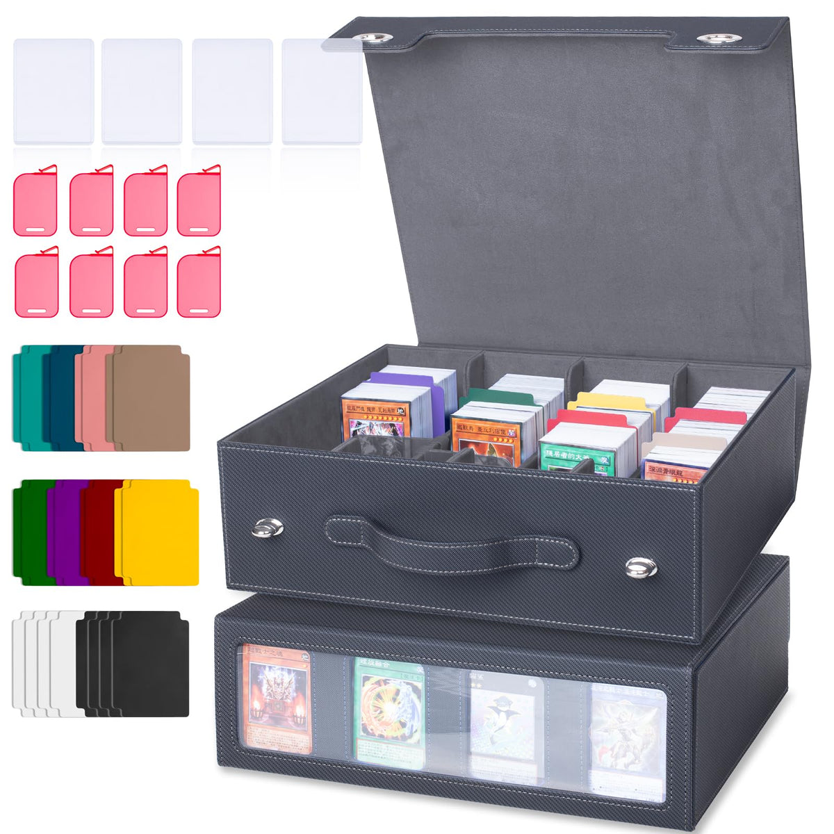 5-Row 3900+ Trading Card Storage Box for MTG, Card Deck Box with Snap-fit Design, 5 Card Sleeves, 10 Stoppers, 80 Dividers and 1 Dice Tray (Black-Red)
