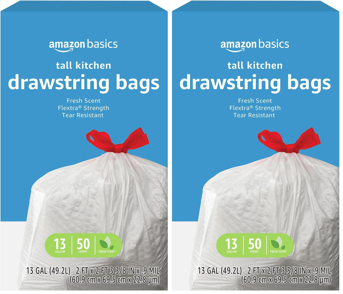 Amazon Basics Trash Bags, Tall Kitchen Drawstring, Unscented, 13 Gallon, 200 Count, Pack of 1, Packaging May Vary