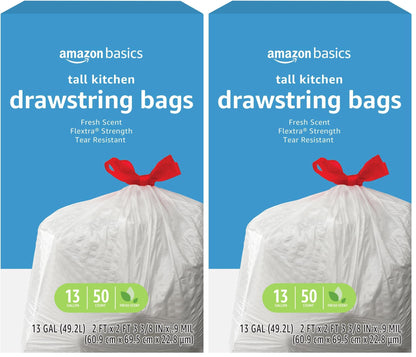 Amazon Basics Flextra Strength Tall Kitchen Drawstring Trash Bags, Fresh Scent, Tear Resistant, 13 Gallon, 50 Count