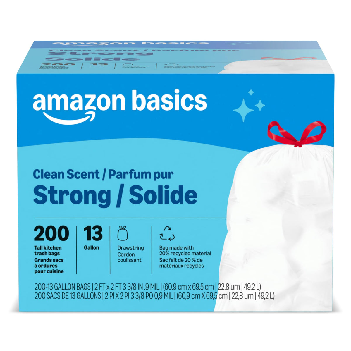 Amazon Basics Flextra Tall Kitchen Drawstring Trash Bags, 13 Gallon, 50 Count, Tear-Resistant, Unscented