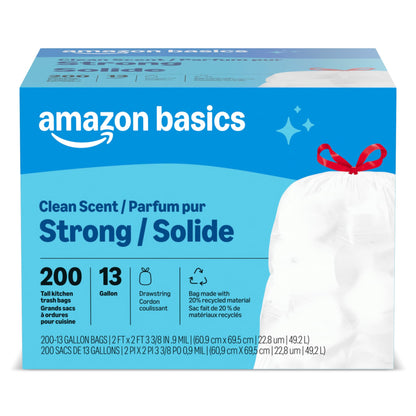 Amazon Basics Flextra Tall Kitchen Drawstring Trash Bags, 13 Gallon, 50 Count, Tear-Resistant, Unscented