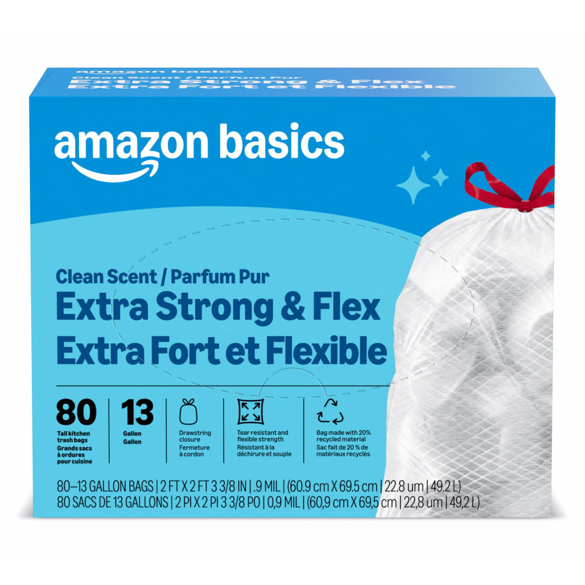 Amazon Basics Ultra-Force Tall Kitchen Drawstring Trash Bags, Lavender Scented, 13 Gallon, 80 Count, Pack of 1, Packaging May Vary