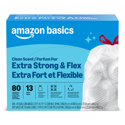 Amazon Basics Ultra-Force Tall Kitchen Drawstring Trash Bags, Lavender Scented, 13 Gallon, 80 Count, Pack of 1, Packaging May Vary