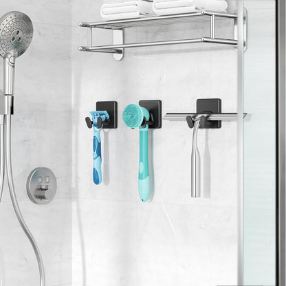 Adhesive Shower Hooks for Inside - Extra Sticky Stainless, Razor Holder Shower Accessories, Wall Mounted Self-Adhesive Double Hooks for Razor, Loofah, Towel, Shaver, Coat, Key, Matt Black, 4-Pack