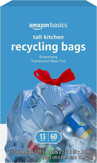 Amazon Basics Blue Recycling Drawstring Trash Bags, Tall Kitchen, Unscented, 13 Gallon, 60 Count