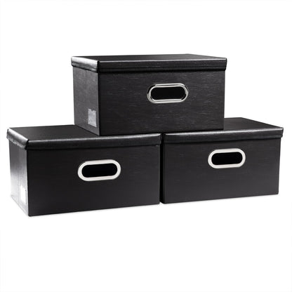 PRANDOM Large Collapsible Storage Bin with Lid [1-Pack] Leather Fabric Foldable Storage Box Organizer Containes Basket Cube with Cover for Home Bedroom Closet Office Nursery Black (17.7x11.8x11.8)