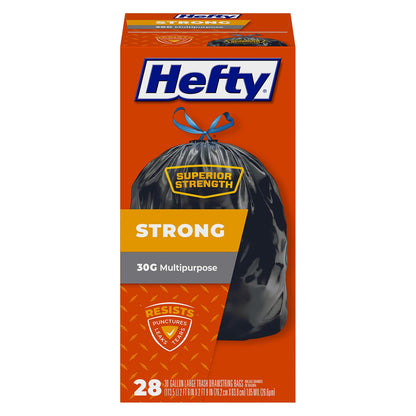 Hefty Strong 30 Gallon Trash Bags, Large Trash Bags 30 Gallon Size, Durable Drawstring Enclosure, Resists Punctures, Leaks, and Tears, Black, Unscented, 56 Bags
