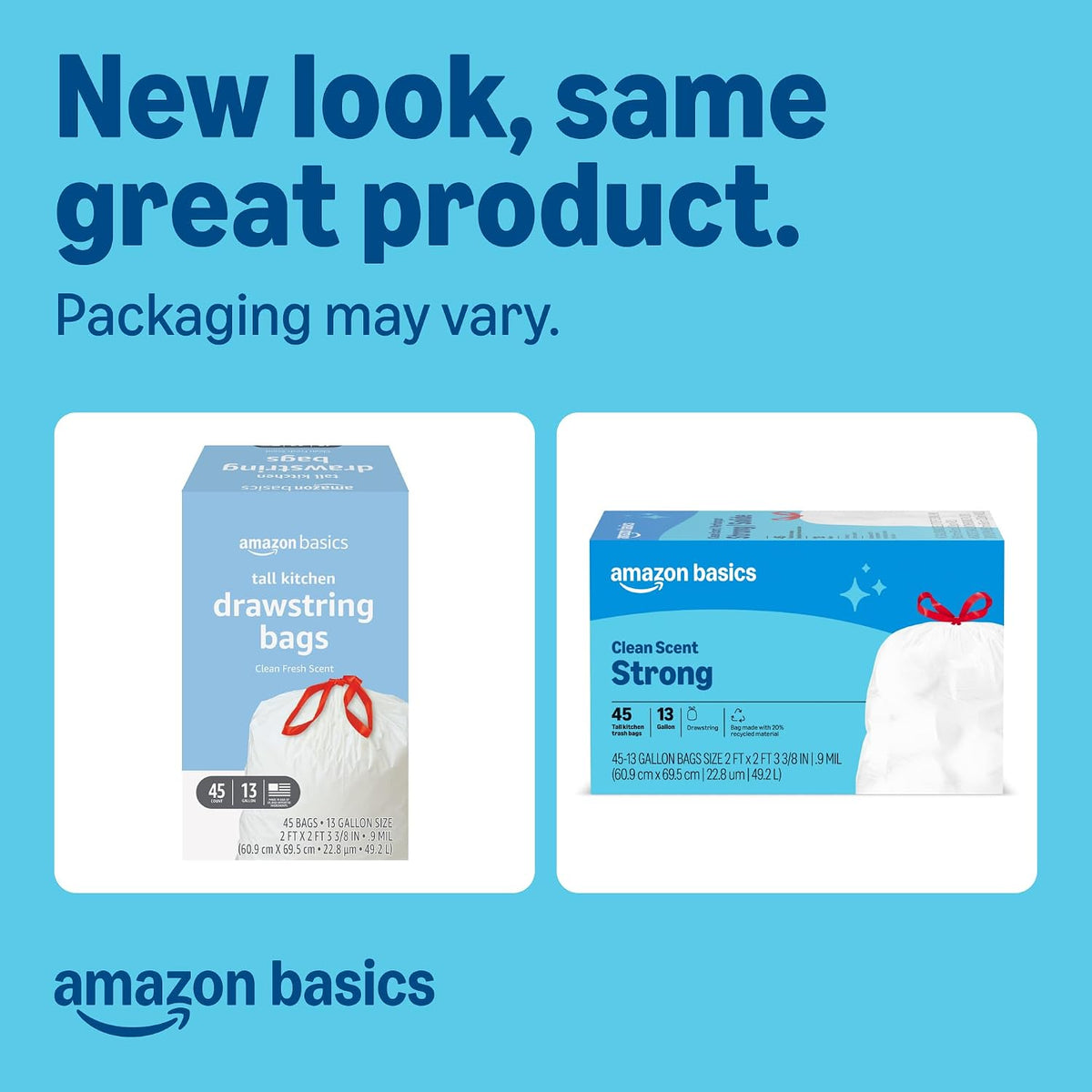 Amazon Basics Tall Kitchen Drawstring Trash Bags, Clean Scent, 13 Gallon, 45 Count, Packaging May Vary