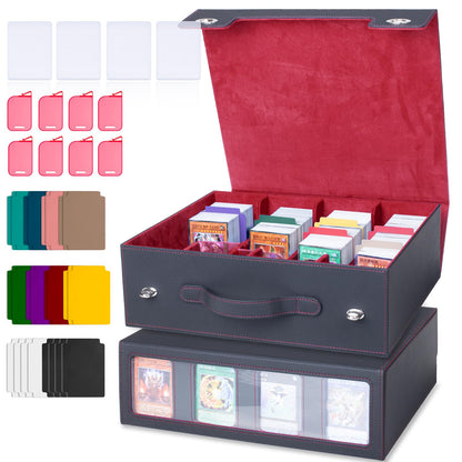 5-Row 3900+ Trading Card Storage Box for MTG, Card Deck Box with Snap-fit Design, 5 Card Sleeves, 10 Stoppers, 80 Dividers and 1 Dice Tray (Black-Red)