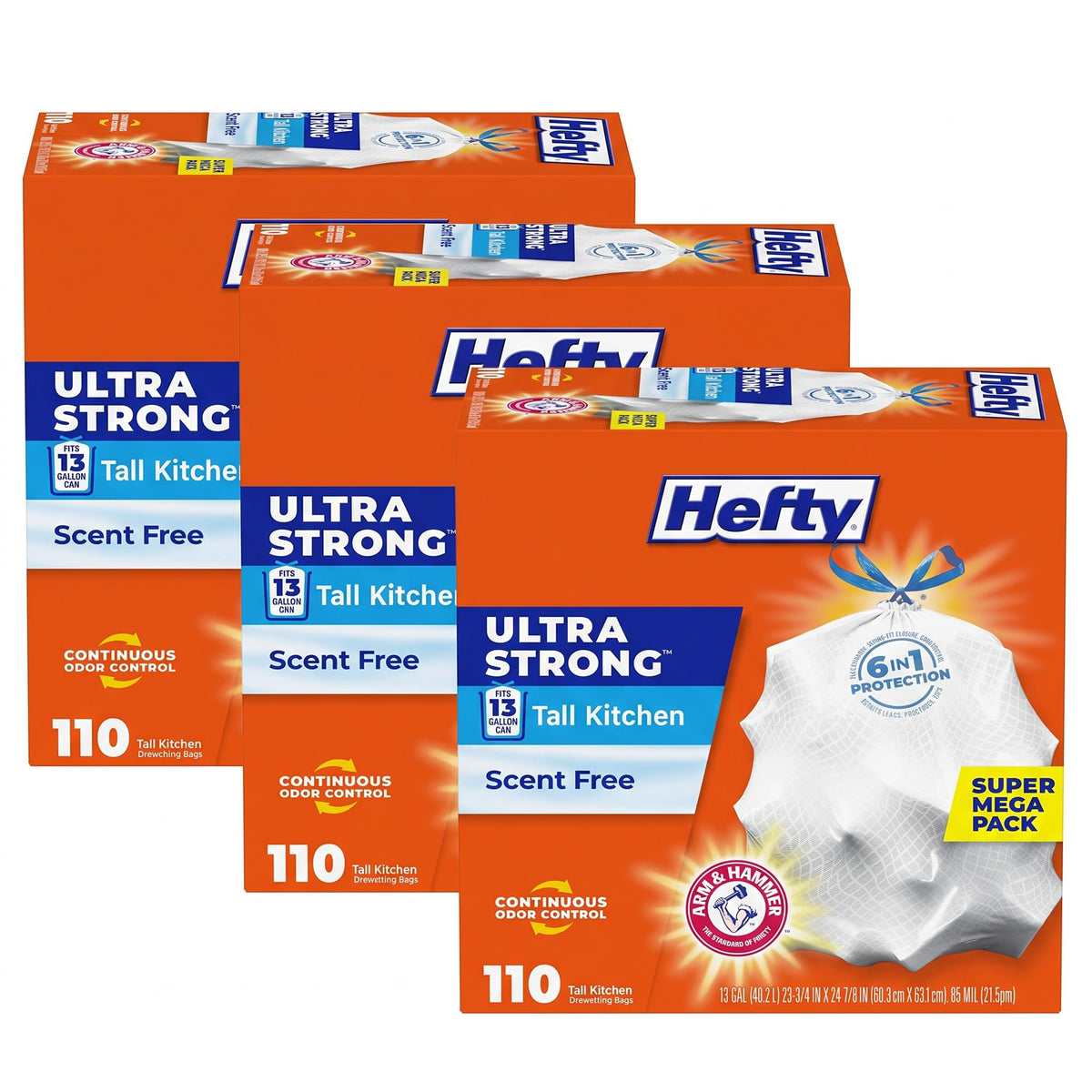 Hefty Ultra Strong 13 Gal Kitchen Trash Bags, White, Unscented, 80ct