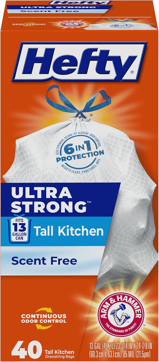 Hefty Ultra Strong 13 Gal Kitchen Trash Bags, White, Unscented, 40ct