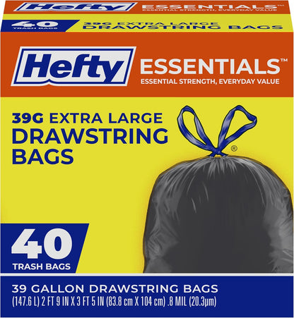 Hefty Essentials Extra Large 39 Gallon Trash Bags, Black, Unscented, 40ct