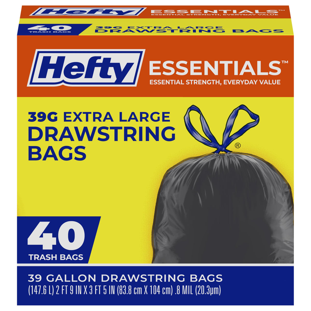 Hefty Essentials Extra Large 39 Gallon Trash Bags, Black, Unscented, 40ct
