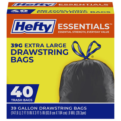 Hefty Essentials Extra Large 39 Gallon Trash Bags, Black, Unscented, 40ct