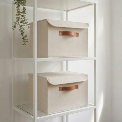 Decorative Linen Storage Boxes with Lids - Spacious Set of 2 Organizer Bins