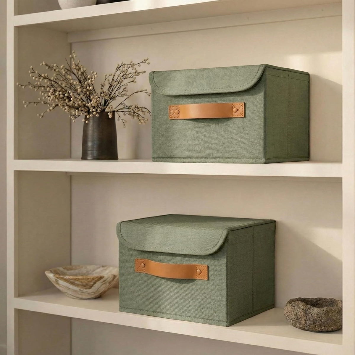 Decorative Linen Storage Boxes with Lids - Spacious Set of 2 Organizer Bins