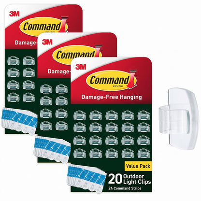 Command Outdoor Light Clips, Clear, 20 Clips, 24 Weather Resistant Strips