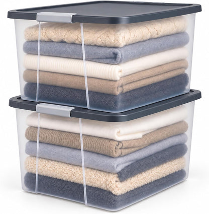 HOMZ Clear Plastic Storage Bin with Secure Latching Gray Lid, 64 Qt, 2 Pack