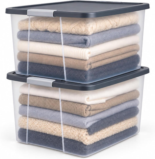 HOMZ Clear Plastic Storage Bin with Secure Latching Gray Lid, 64 Qt, 2 Pack