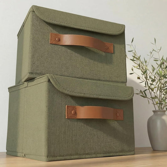 Decorative Linen Storage Boxes with Lids - Spacious Set of 2 Organizer Bins