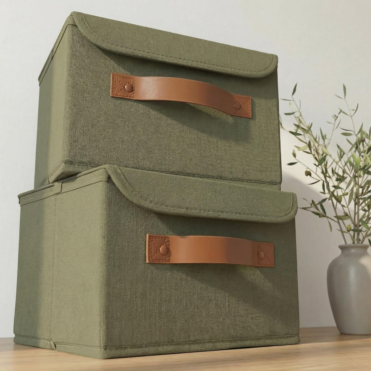 Decorative Linen Storage Boxes with Lids - Spacious Set of 2 Organizer Bins