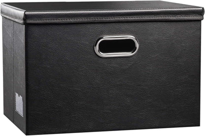 PRANDOM Large Collapsible Storage Bin with Lid [1-Pack] Leather Fabric Foldable Storage Box Organizer Containes Basket Cube with Cover for Home Bedroom Closet Office Nursery Black (17.7x11.8x11.8)