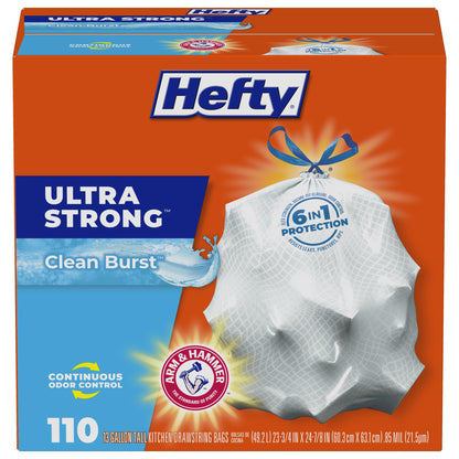 Hefty Ultra Strong 13 Gal Kitchen Trash Bags, White, Clean Burst, 80ct