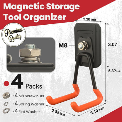 Heavy Duty Magnetic Garage Hooks, 4 Pack Rubber Coated Strong Magnet Hooks for Power Drills, Garden Tools, Ropes, Magnetic Storage Hooks for Workshop and Garage Organization (Orange)