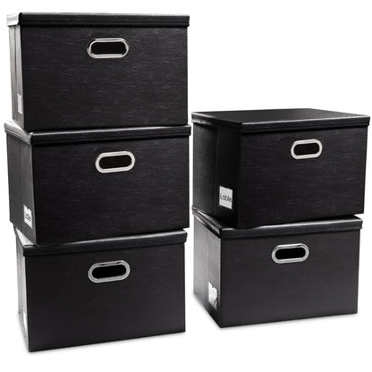 PRANDOM Large Collapsible Storage Bin with Lid [1-Pack] Leather Fabric Foldable Storage Box Organizer Containes Basket Cube with Cover for Home Bedroom Closet Office Nursery Black (17.7x11.8x11.8)