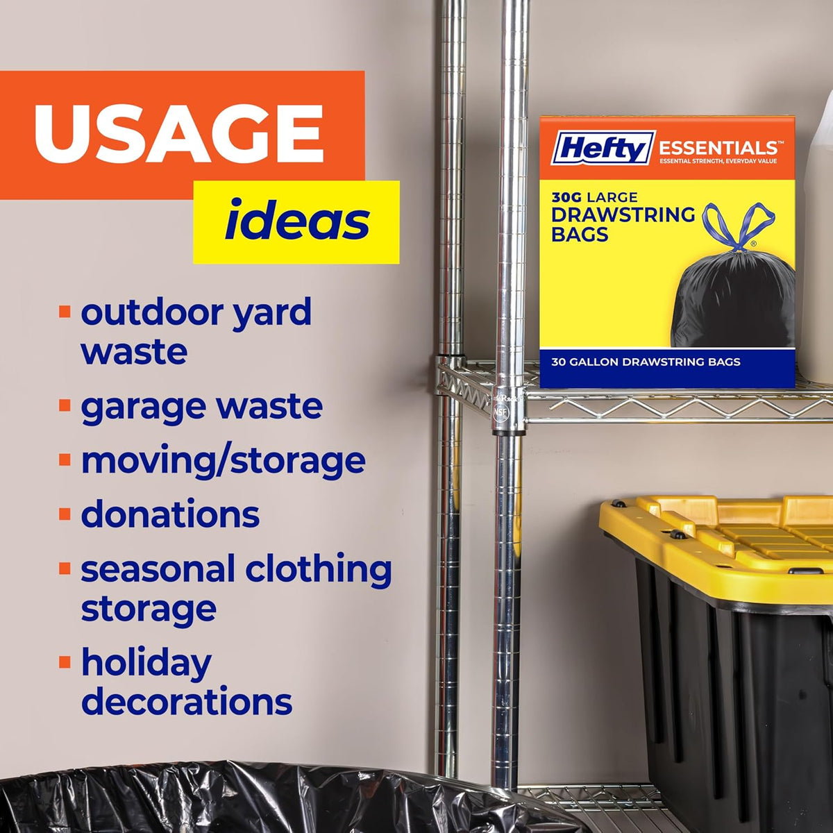 Hefty Essentials Extra Large 39 Gallon Trash Bags, Black, Unscented, 40ct