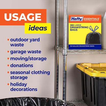 Hefty Essentials Extra Large 39 Gallon Trash Bags, Black, Unscented, 40ct