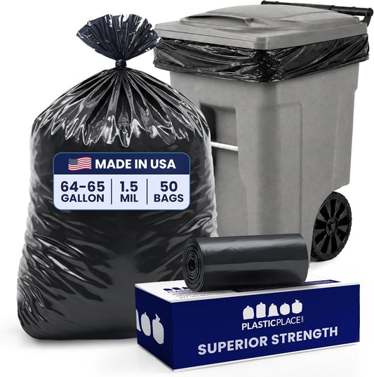 Plasticplace Black Trash Bags (50 Count) – Heavy Duty 64-65 Gallon Garbage Bags, Puncture Resistant, Large Trash Can Liners, Ideal for Toter Cans, Kitchen & Outdoor Use, 50" x 60" 1.5 Mil