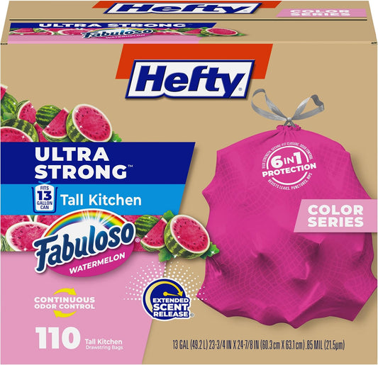 Hefty Ultra Strong 13 Gal Pink Kitchen Trash Bags, Watermelon Scent, 110ct