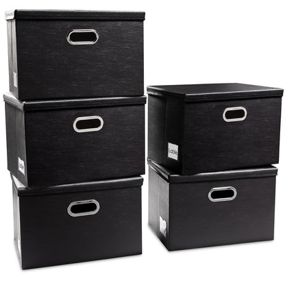 PRANDOM Large Collapsible Storage Bin with Lid [1-Pack] Leather Fabric Foldable Storage Box Organizer Containes Basket Cube with Cover for Home Bedroom Closet Office Nursery Black (17.7x11.8x11.8)