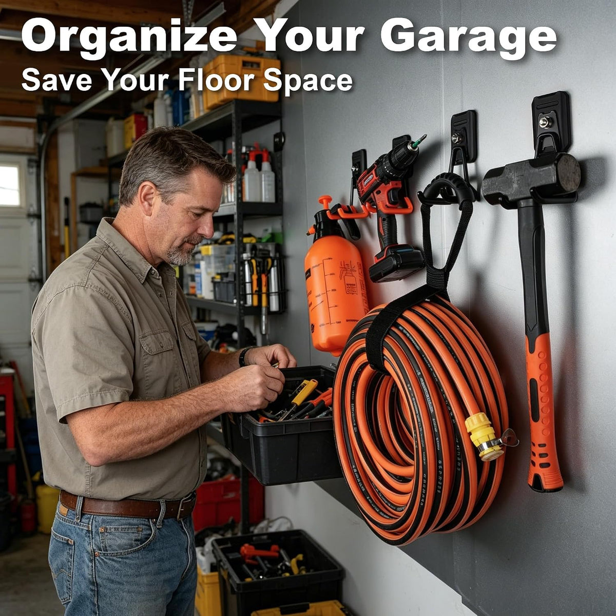 Heavy Duty Magnetic Garage Hooks, 4 Pack Rubber Coated Strong Magnet Hooks for Power Drills, Garden Tools, Ropes, Magnetic Storage Hooks for Workshop and Garage Organization (Orange)