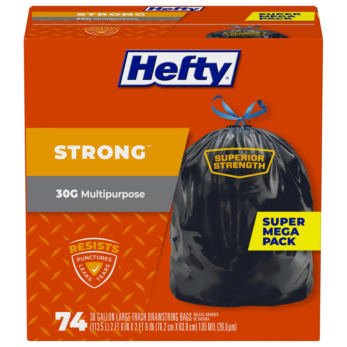 Hefty Strong 30 Gallon Trash Bags, Large Trash Bags 30 Gallon Size, Durable Drawstring Enclosure, Resists Punctures, Leaks, and Tears, Black, Unscented, 56 Bags