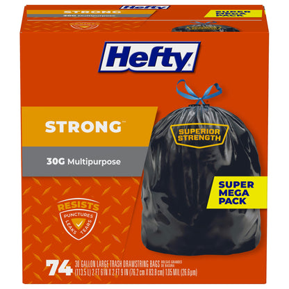Hefty Strong 30 Gallon Trash Bags, Large Trash Bags 30 Gallon Size, Durable Drawstring Enclosure, Resists Punctures, Leaks, and Tears, Black, Unscented, 56 Bags