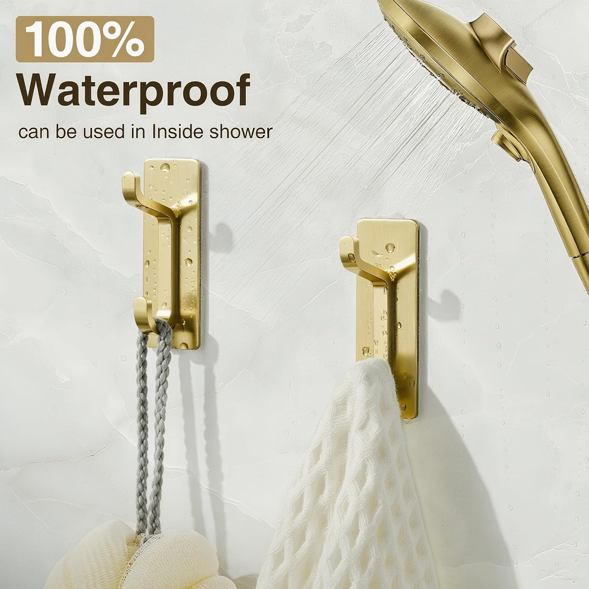 Self Adhesive Wall Hooks for Hanging: Extra Strong 13 LB, Hook for Coat, Towel in Bathrooms, Shower, Kitchen, Wall, Door Hook, Brushed Gold 4 Pack